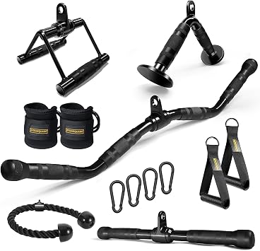 LAT Pulldown Attachments Combo, Cable Machine Accessories with Curl Pulldown Bar, Fit Most Gym Machines, Made of Heavy Duty Solid Steel
