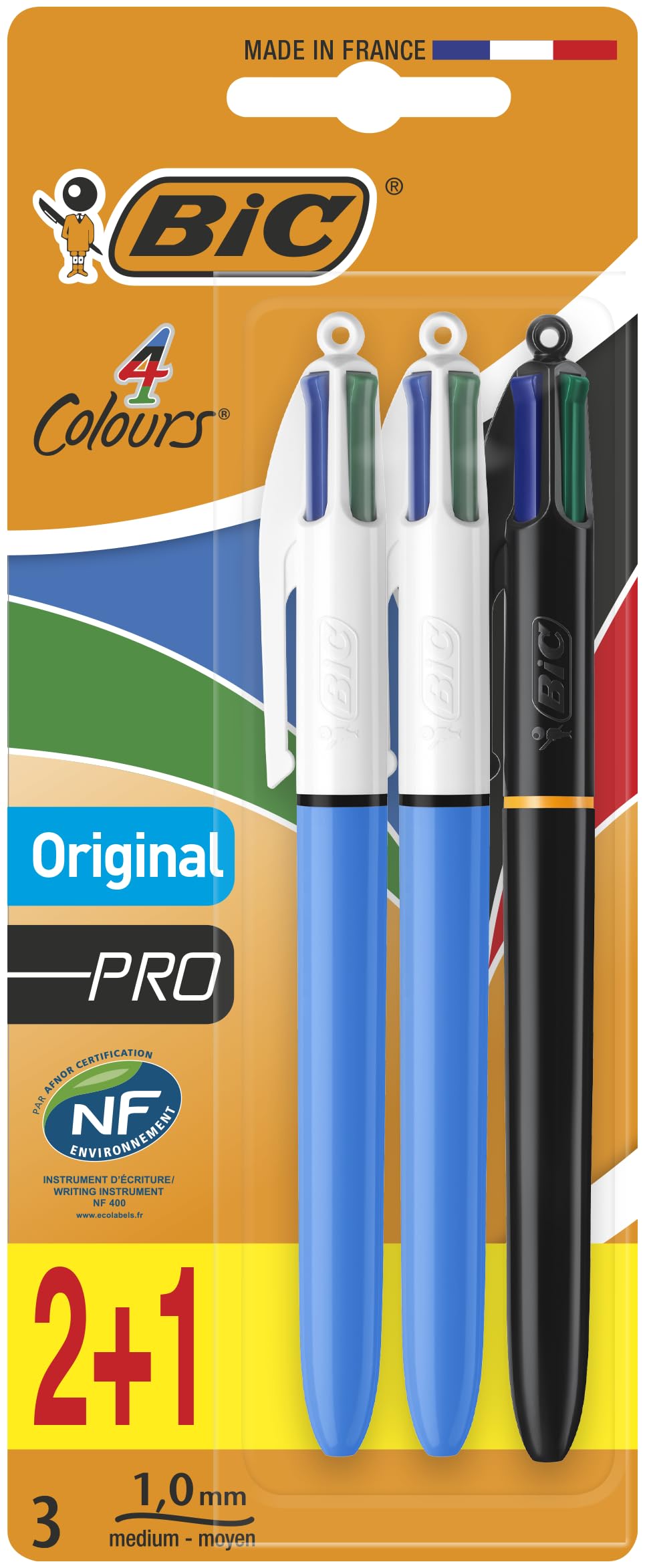 BIC 4 Colours Original & Pro Multicoloured Retractable Ballpoint Pens - Pack of 3 - Medium Point 1.0mm - Black, Blue, Green & Red Ink