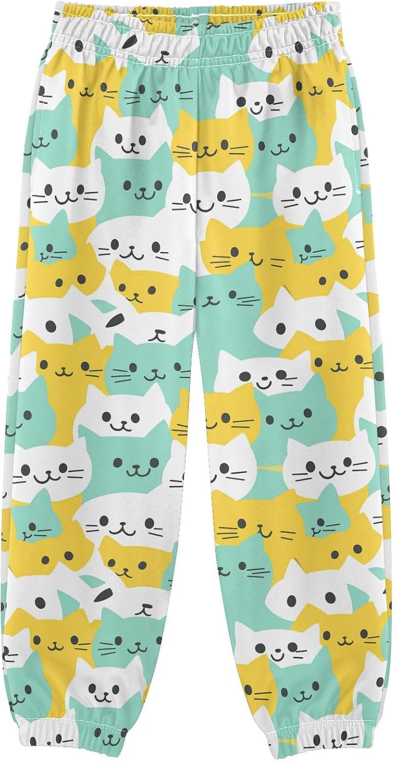 Boy Sweatpants Cartoon Cat Colorful Joggers Casual Athletic Pants Kids Elastic Waist Cuffed with Pockets