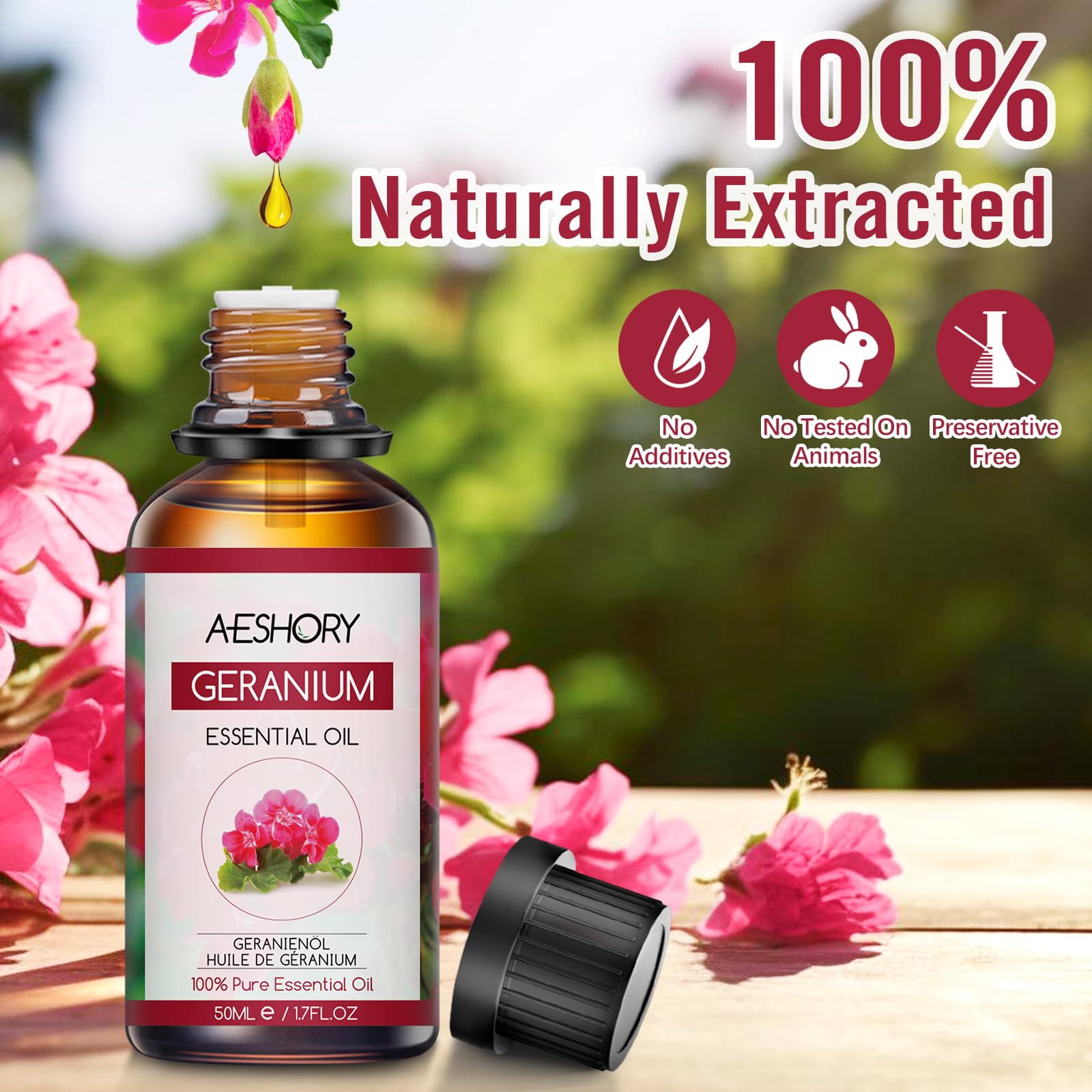 AESHORY Olio Essenziale di Geranio 50ML, Naturali Olio di Geranio, Olio Profumati Aromaterapia Premium per Diffusori, SPA, Massaggio, Cura della Pelle