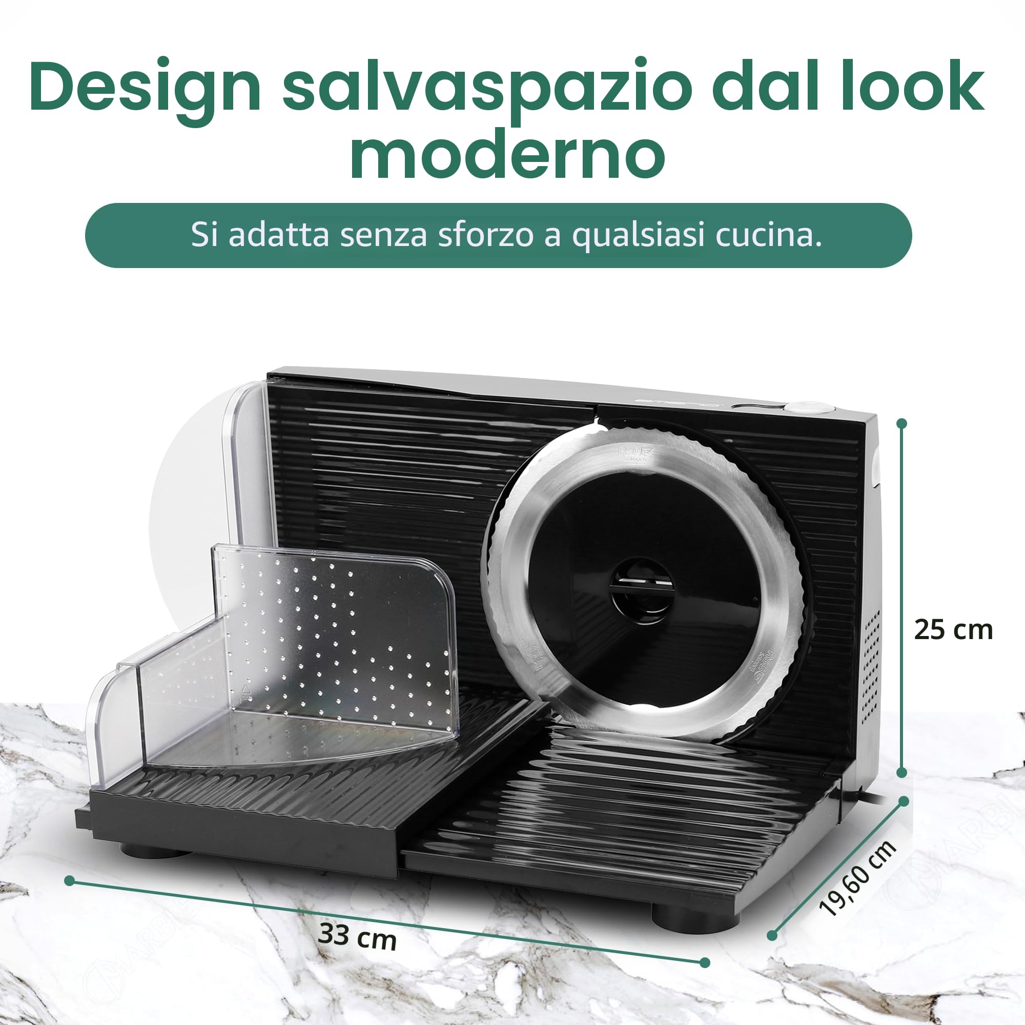 EMERIO Taglierina tutto ''Made in EU'', in acciaio inox prodotto in Germania, regolabile 0-17 mm, senza BPA, pieghevole, con interruttore di sicurezza, Eco 100 Watt, MS-125000.1, nero