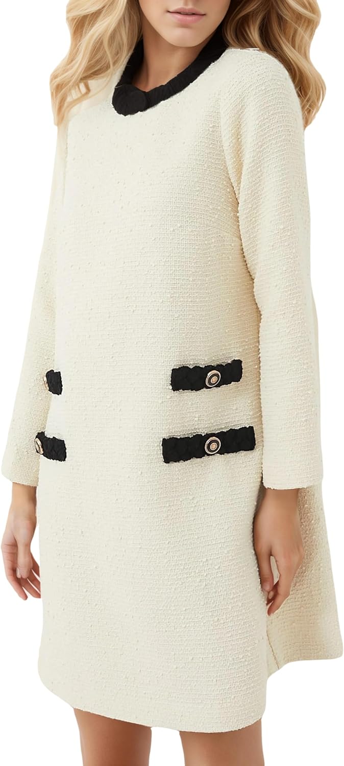 Kedera Womens Long Sleeve Tweed Dress Elegant Crew Neck A-line Party Vintage Mini Skirt Causal Dresses