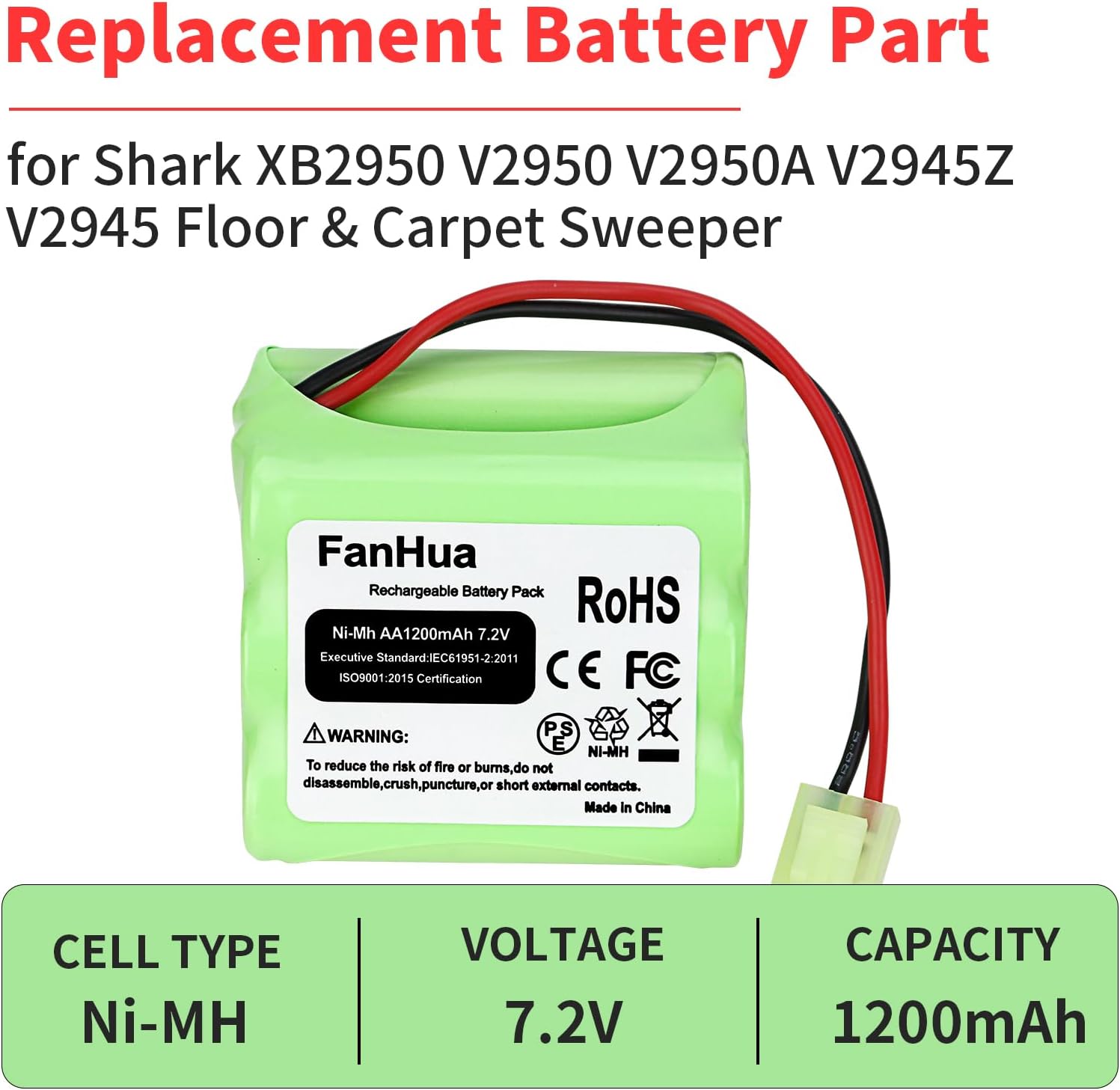 1200mAh XB2950 Replacement Battery for Shark V2950 V2950A V2945Z V2945 Vacuum Carpet Sweeper 7.2V Ni-Mh Battery