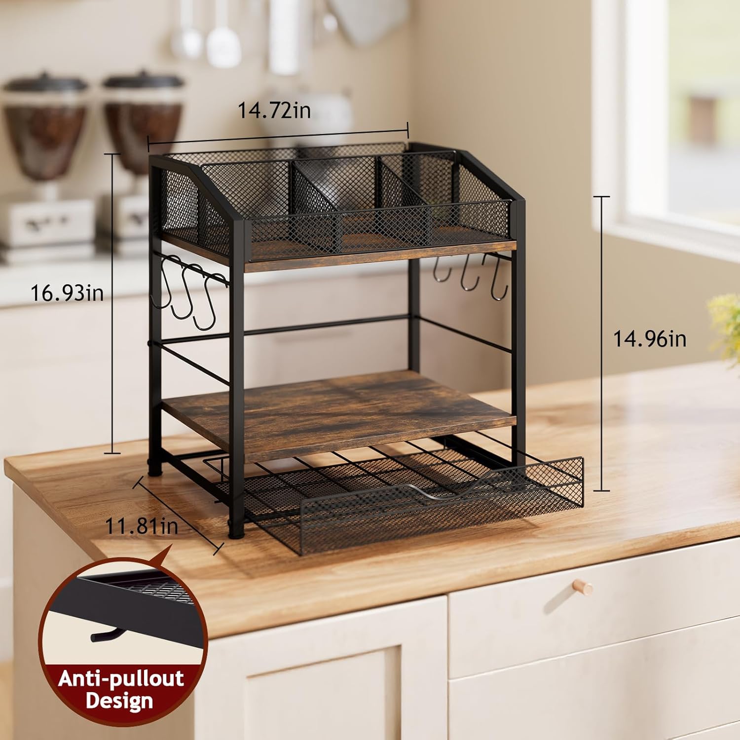 Coffee Bar Organizer - Countertop Coffee Station, 42 K Cup holder Storage Basket with Drawer and Hooks for Syrup, Cups, Stirrer, Condiment, Tea Organizer, Black and Brown