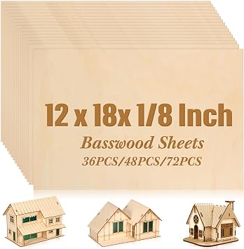 Riakrum Basswood Sheets Plywood Board Unfinished Wood Boards for Crafts for DIY Laser Projects Architectural Mini House Building Hobby Model Making12 x 18 x 1/8 Inch,72