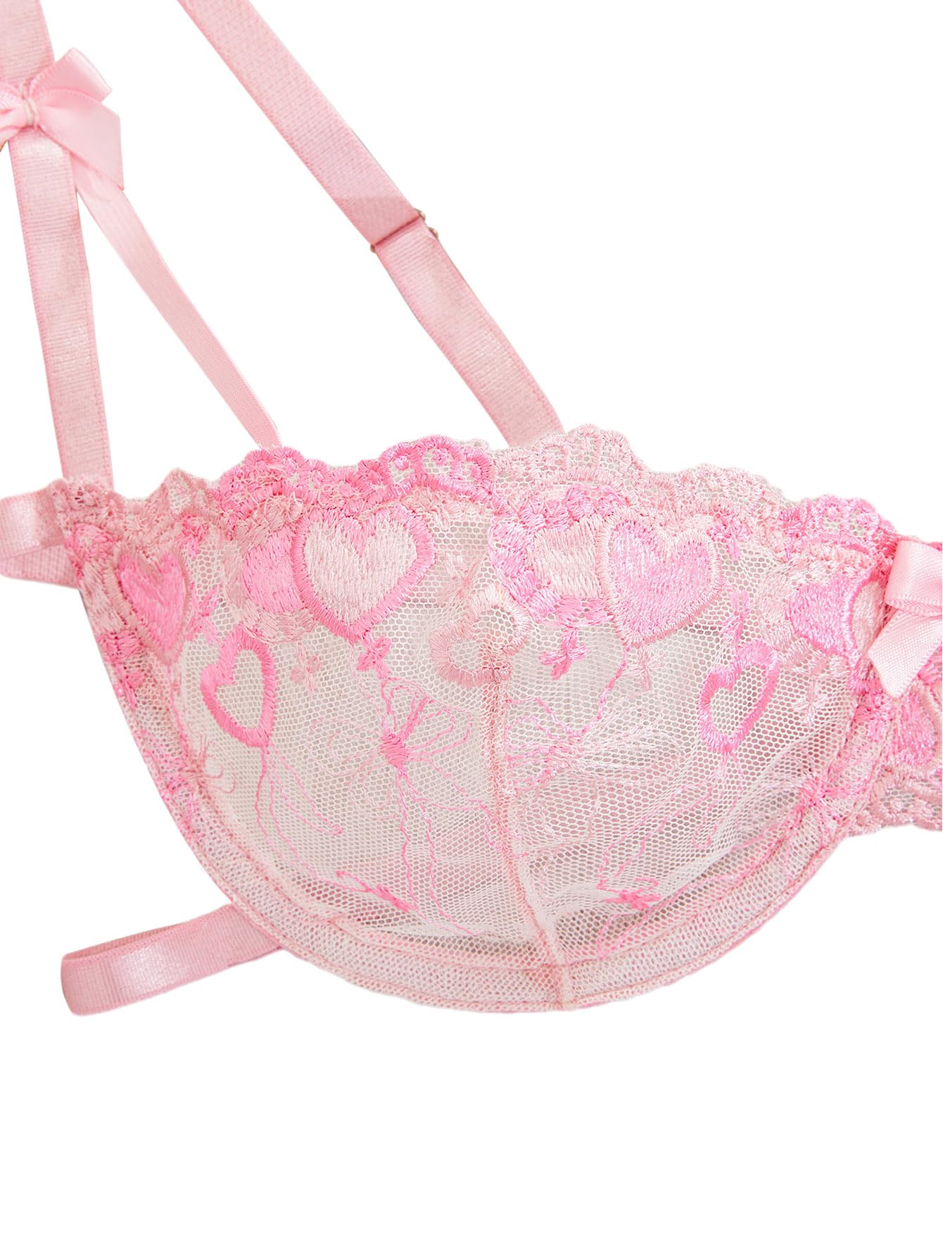 Lilosy Sexy Tie Side Cute Underwire Push Up Strappy Embroidered Mesh Sheer Lingerie Set: Bow X-Large Bow Hearts Pink