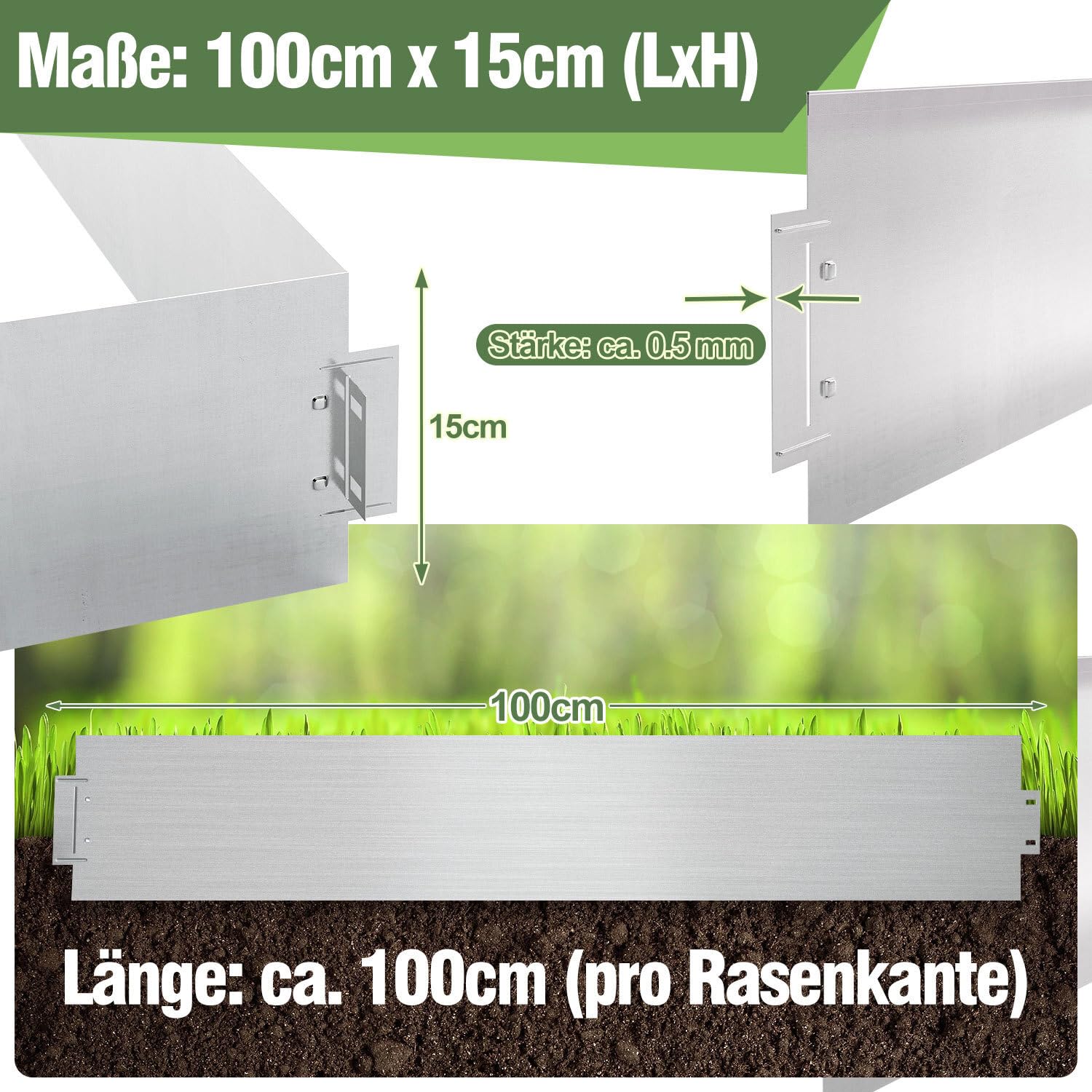 Obrzeże trawnikowe metalowe, ocynkowane, 50 m, elastyczne obrzeże do koszenia, blachy trawnikowe, system wtykowy bez akcesoriów, łatwy montaż, srebrne, 50 sztuk, 100 cm x 15 cm (dł. x wys.)
