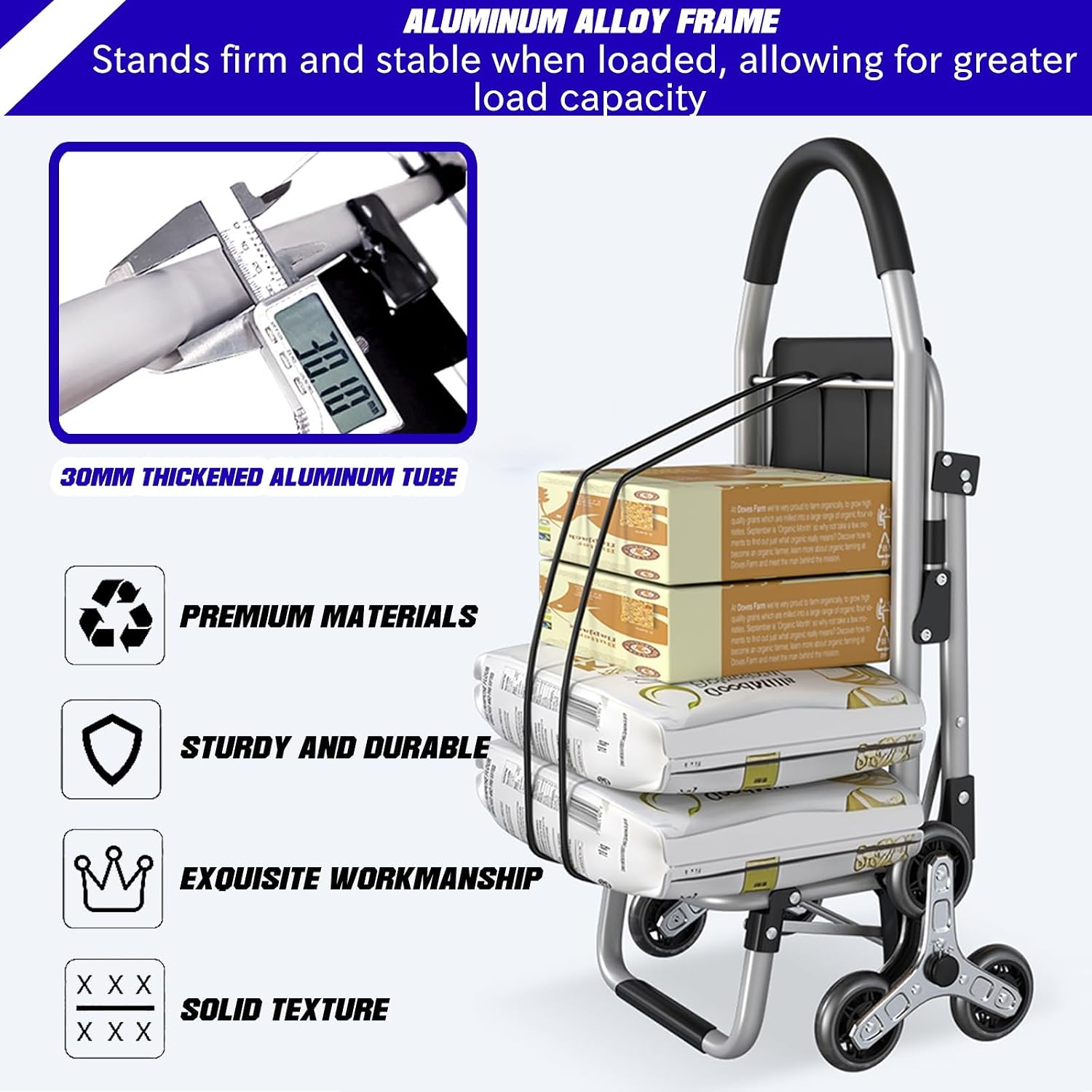 Foldable Grocery Shopping Cart with Wheels, Grocery Cart with Seat, Ergonomic Handle, Heavy-Duty Hand Truck for Groceries, Laundry Basket, Luggage, Travel(Round Wheel)