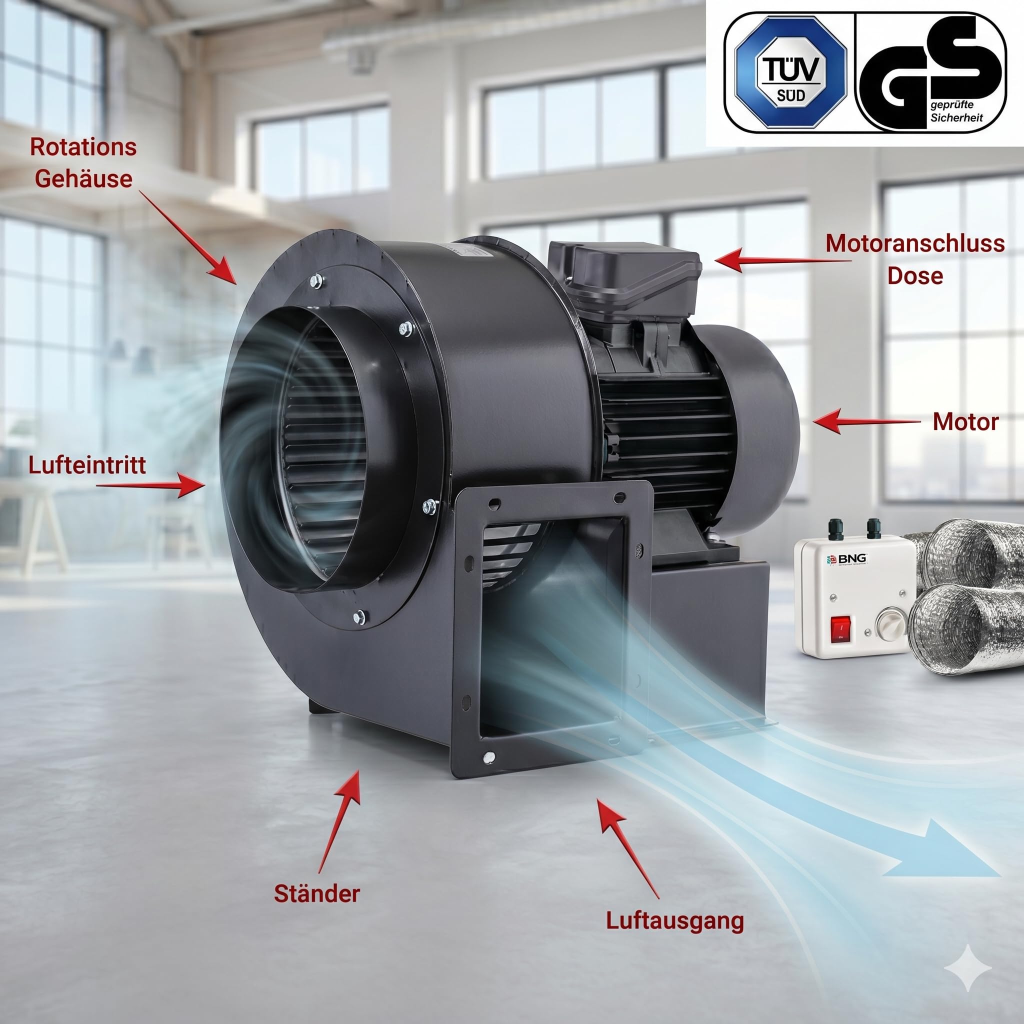 BVN VENTILATION SYSTEMS & ELECTRICAL MOTORS Turbo Ventilateur radial centrifuge 1800 m³/h 230 V avec bride pour aspiration d'air Série OBR