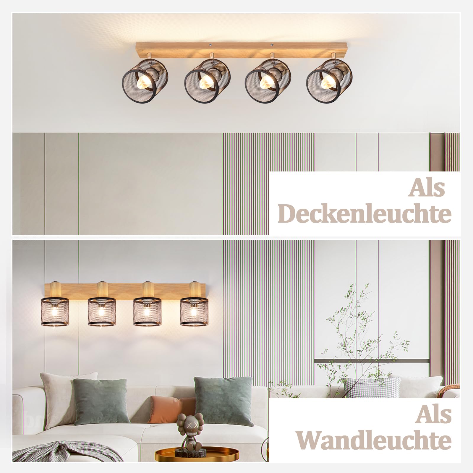 Deckenstrahler 4 Flammig Deckenleuchte Holz - Deckenlampe Vintage