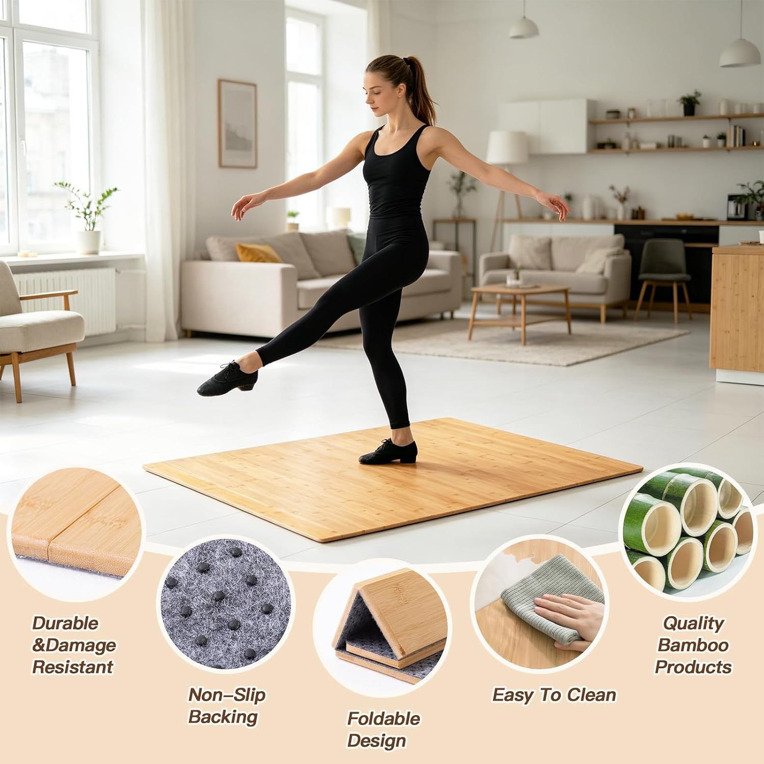 Tap Dance Floor for Any Surface, 48"x38.5" Bamboo Portable Tap Board with Non-Slip Back, Foldable Practice Surface for Home & Studio Use, Includes Storage Bag, Professional Sound Feedback