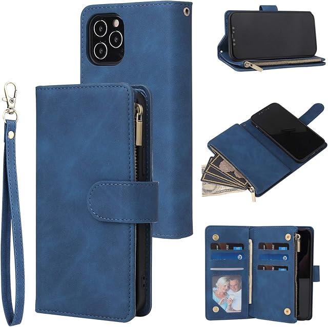 UEEBAI Wallet Case for iPhone 12 mini 5.4 inch, Premium Vintage PU Leather Magnetic Closure Handbag Zipper Pocket Case Kickstand Card Holder Slots with Wrist Strap TPU Shockproof Flip Cover - Blue