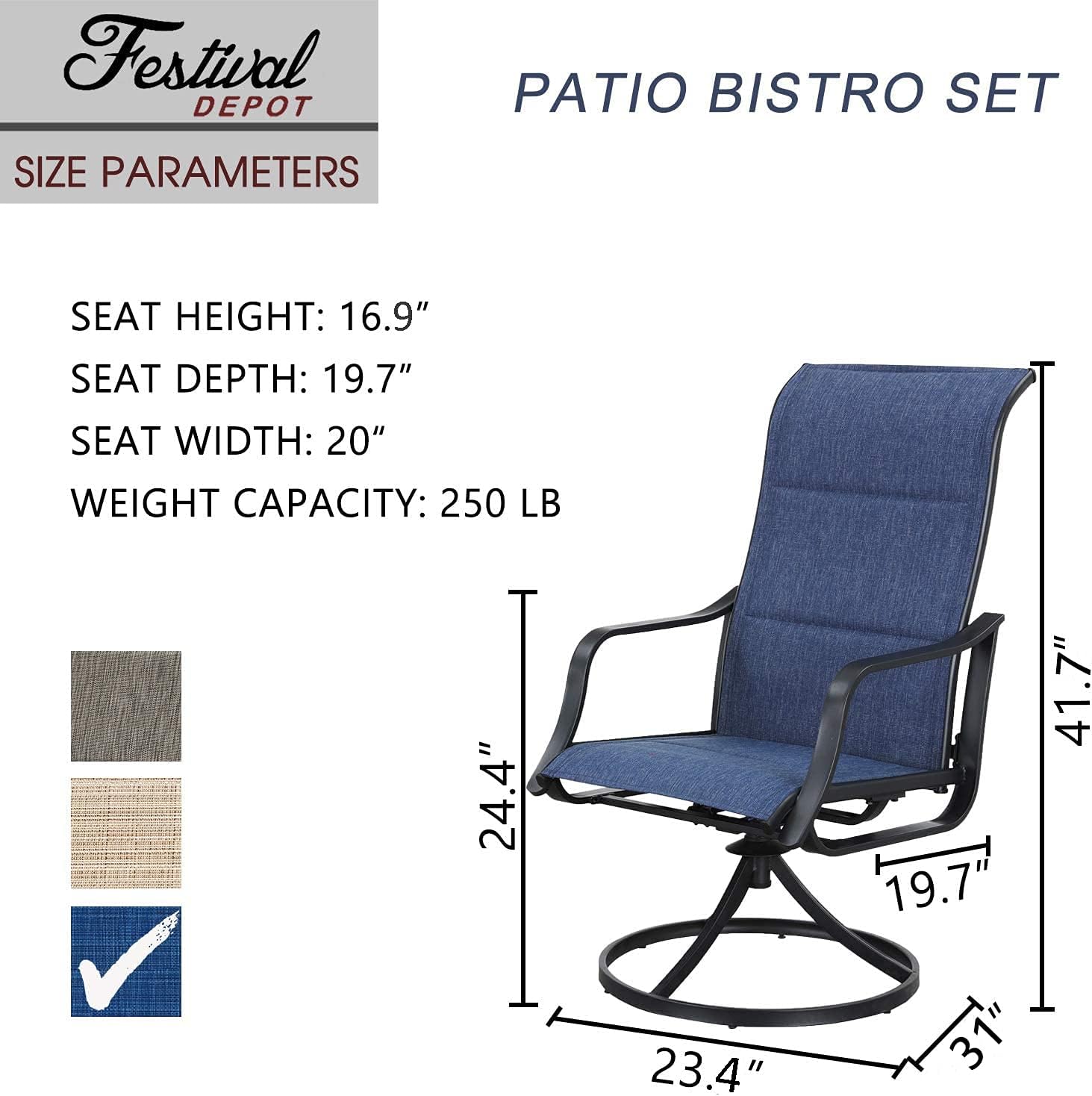 Festival Depot Patio Chairs Set of Outdoor Dining Chair Metal Swivel Armchairs with Textilene Fabric and High Back for Backyard Deck Garden (Blue, 4 pcs) : Patio, Lawn & Garden