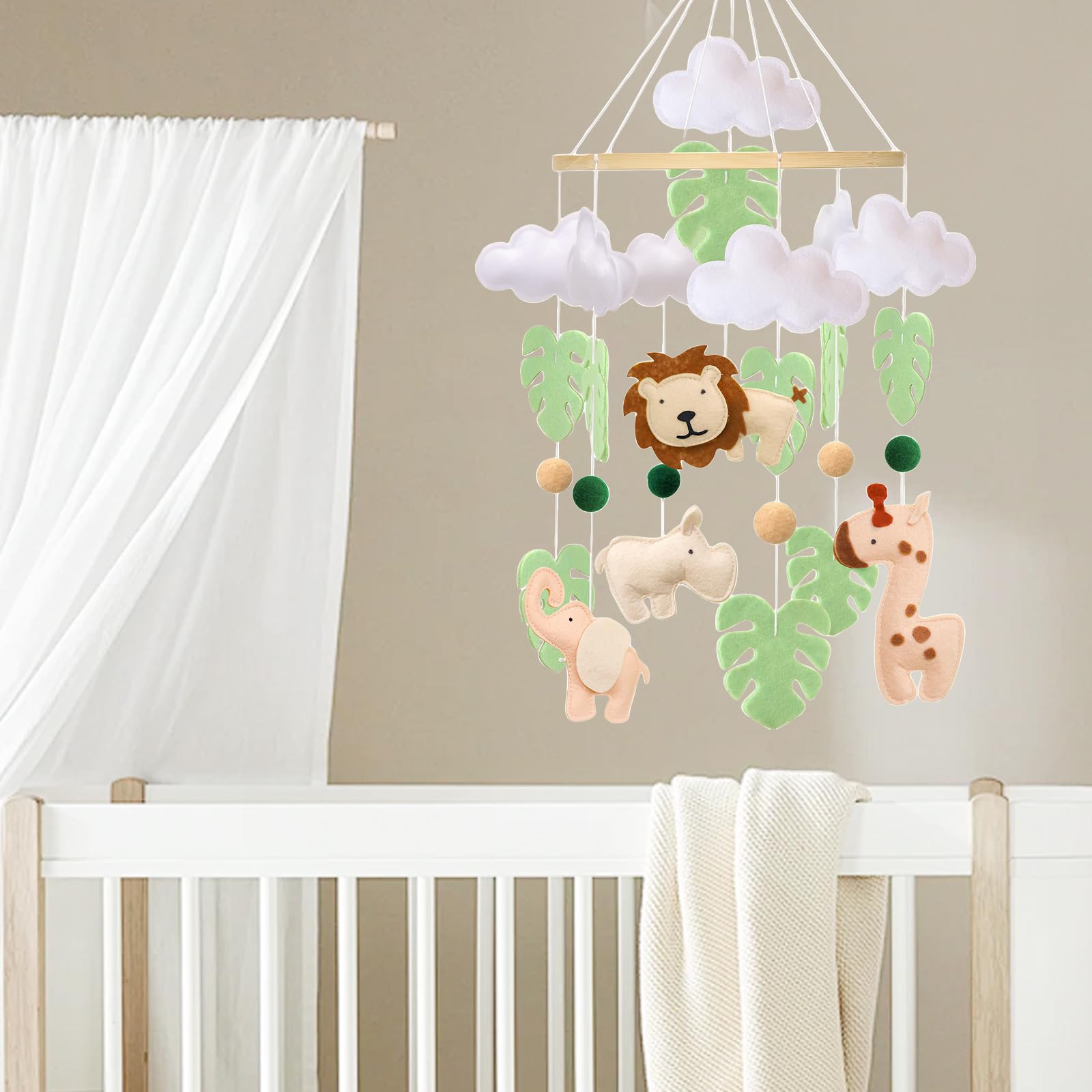 Baby Mobile - Campana da letto per lettino - Jungle Animal Baby Mobile con leone, elefante, giraffa e ippopotamo, giocattolo rilassante per la cameretta dei bambini, regalo per neonati (animale)