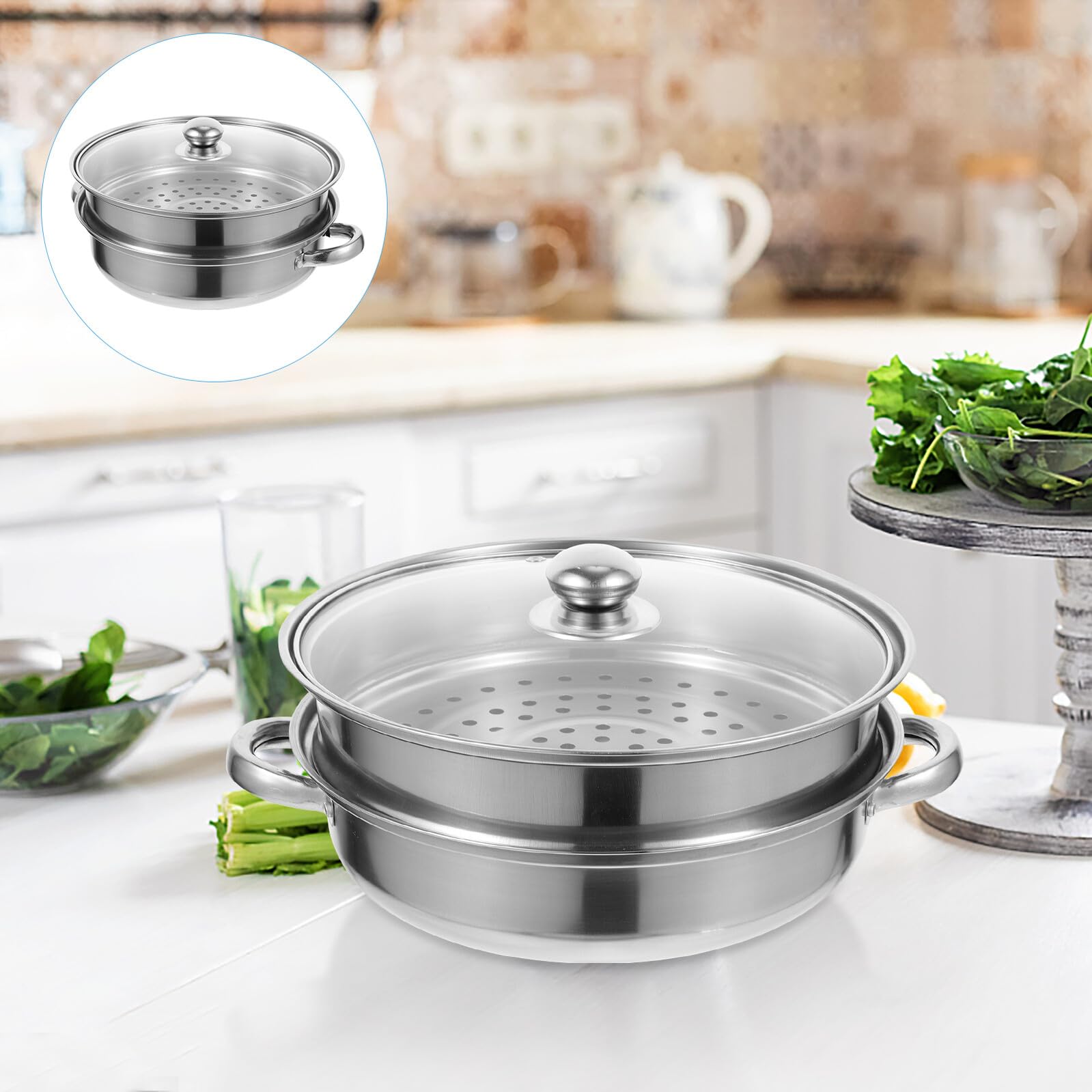 Olla Vaporera de Acero Inoxidable Doble Capa para Cocina Diseño de Asa, Cocedor de Verduras al Vapor Multifunción Adecuado para Uso en Cocina