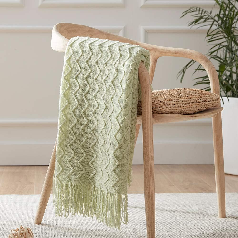 NexHome Throw Blankets for Couch Green Decorative Knit Blanket with Tassel Fringe Soft Lightweight Zigzag Textured Boho Throws (50"x60" Light Green)