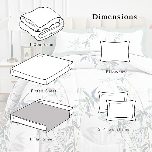 Miniatura 6 de 6 Pieces Bed in a Bag Twin Comforter Set with Sheets, Green Leaves on White Botanical Design Bedding Sets for Kids (1 Comforter, 2 Pillow Shams, 1