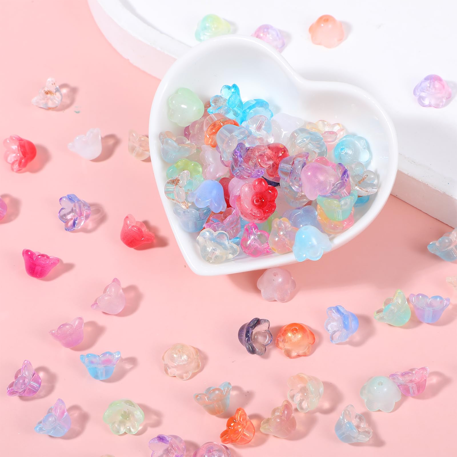 100 Pcs Glass Bellflower Beads for Jewelry Making, Colorful Trumpet Flower Beads Mixed Bellflower Floral Bead with Hole for Bracelets Necklaces Earrings Beading Project