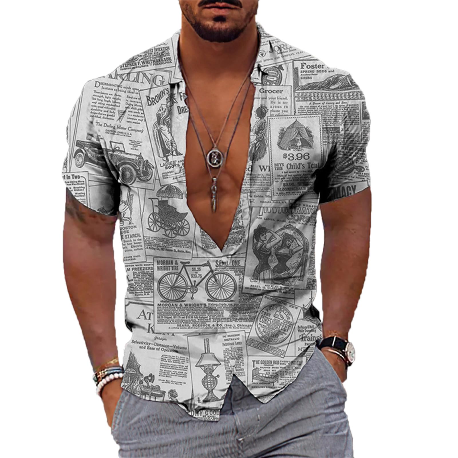 Famesale Men's # 1 Street Short Sleeve Lapel Shirts Newspaper Design Print Hawaiian Shirt Casual Button Down Shirts