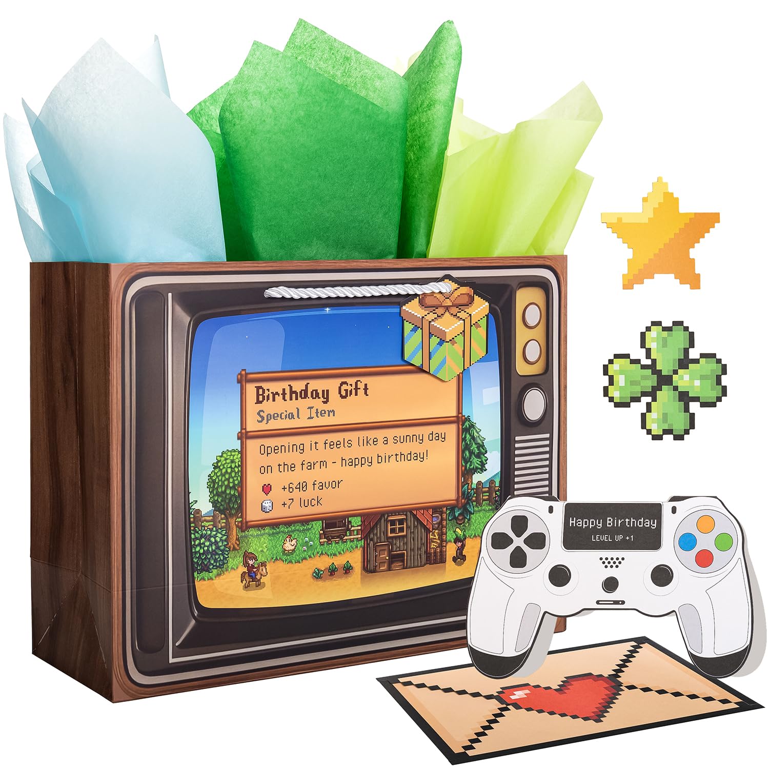 Crisky Gamer Birthday Gift Bag Set – Pixel Art Design with Greeting Card, Tissue Paper & Stickers | for Boys, Men, Video Game Party Favors & Decorations, 13 inch