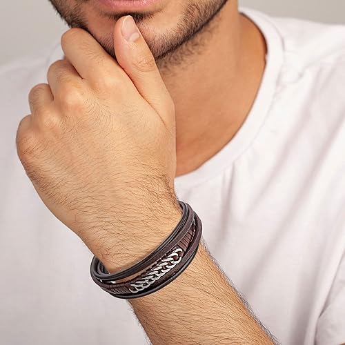 Miniatura 5 de murtoo Pulsera de cuero para hombre con cadena de acero, cadena de libertad, pulsera de cuero marrón y negro con cierre ajustable para regalo