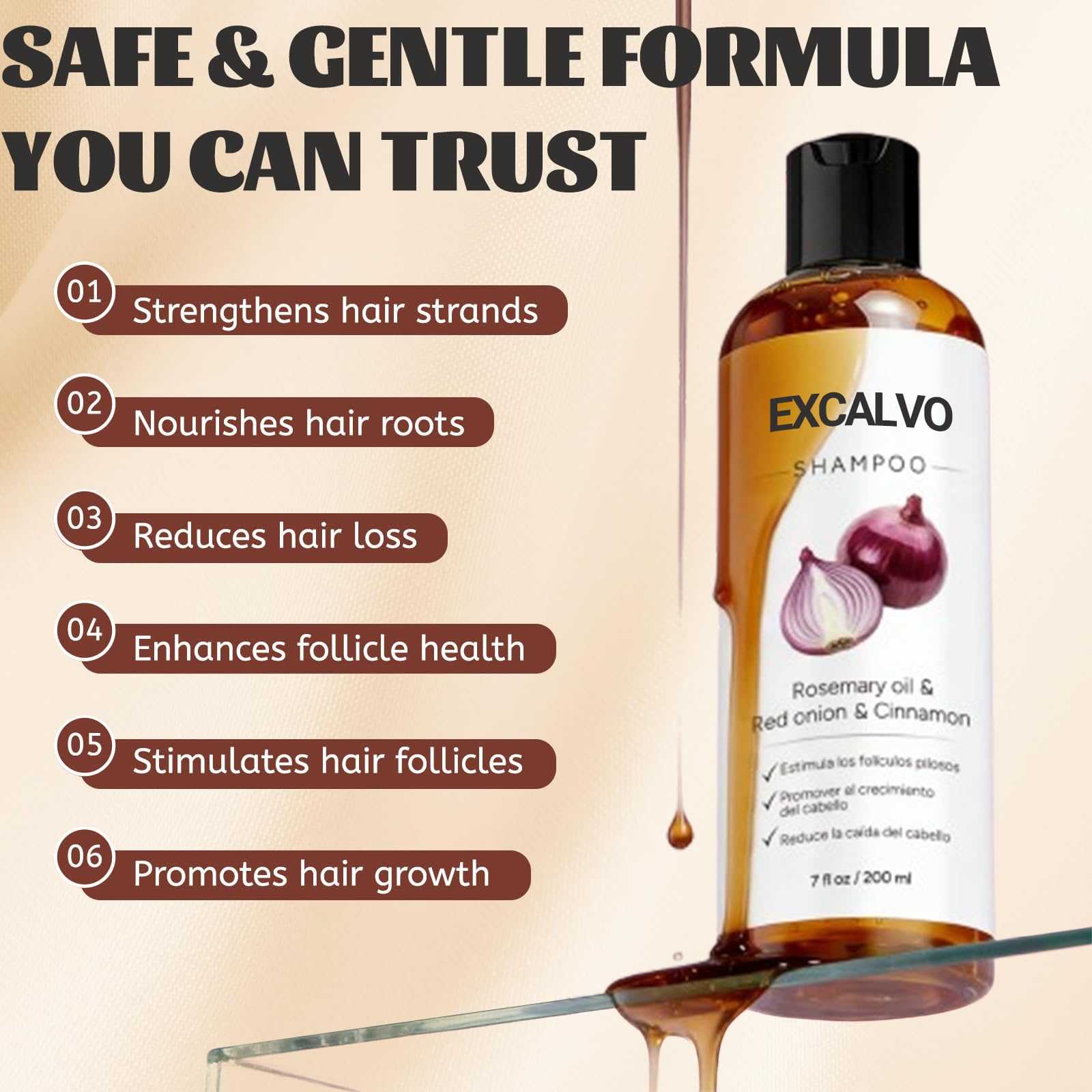 Excalvo Champu de Cebolla, 2026 Nuevo Champú Cebolla, Champu Excalvo, Con Extracto De Canela, Limpieza Diaria Para Un Cabello Más Denso En Apariencia, para Hombres y Mujeres, 200 ml (1 Botella) — view 3