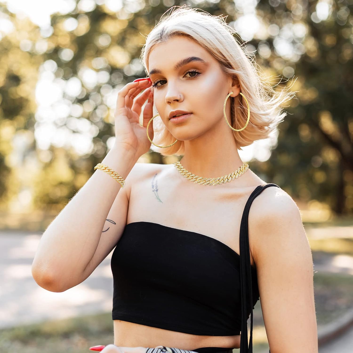 Batiyeer 3 Pcs Cuban Link Chain Necklace Bracelet Rhinestone Hoop Earrings Bling Crystal Hip Hop Jewelry for Women(16 Inch,Gold) - Image 6