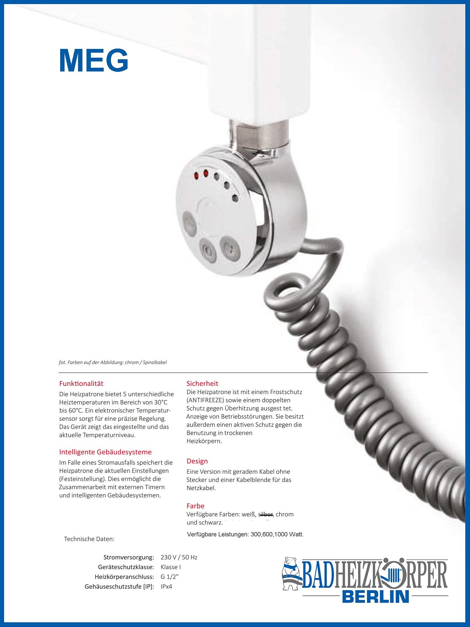 Termostat grzałka, wkład grzejny, element grzejny do grzejników łazienkowych MEG 600 W, prosty kabel bez wtyczki (chrom)