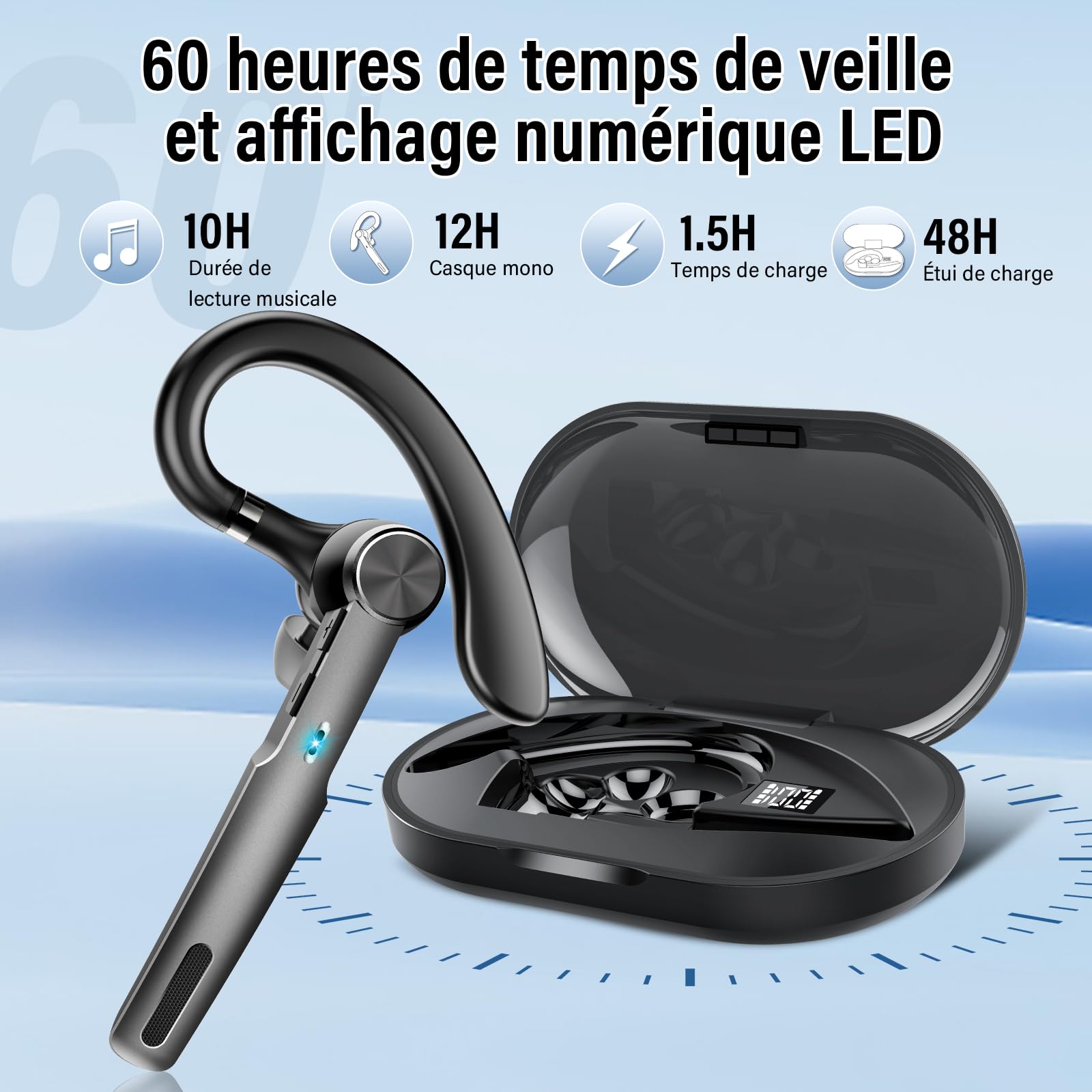 Oreillette Bluetooth sans Fil, V5.3 Kit Main Libre Bluetooth Oreillette avec CVC8.0 Micro antibruit, 60H d'appel Casques sans Fil avec Écran LED, IP7 Étanche pour Bureau/Conduite/Affaires, Noir