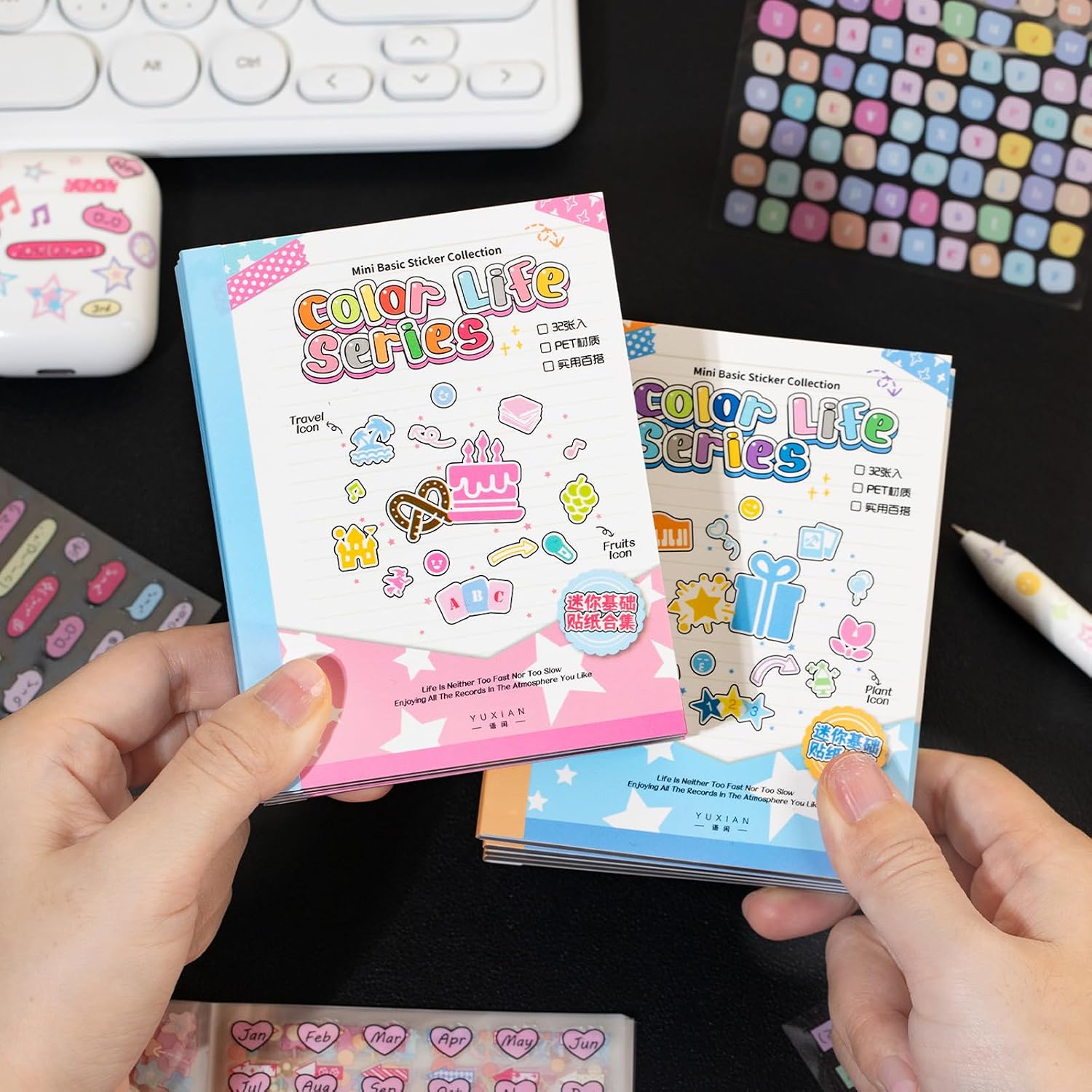 64-Sheet Mini Cute Sticker Book Set for Journaling and Scrapbooking, Small PET Stickers with Variety of Shapes, Pink and Blue Color Collection, for Planners and Photocards