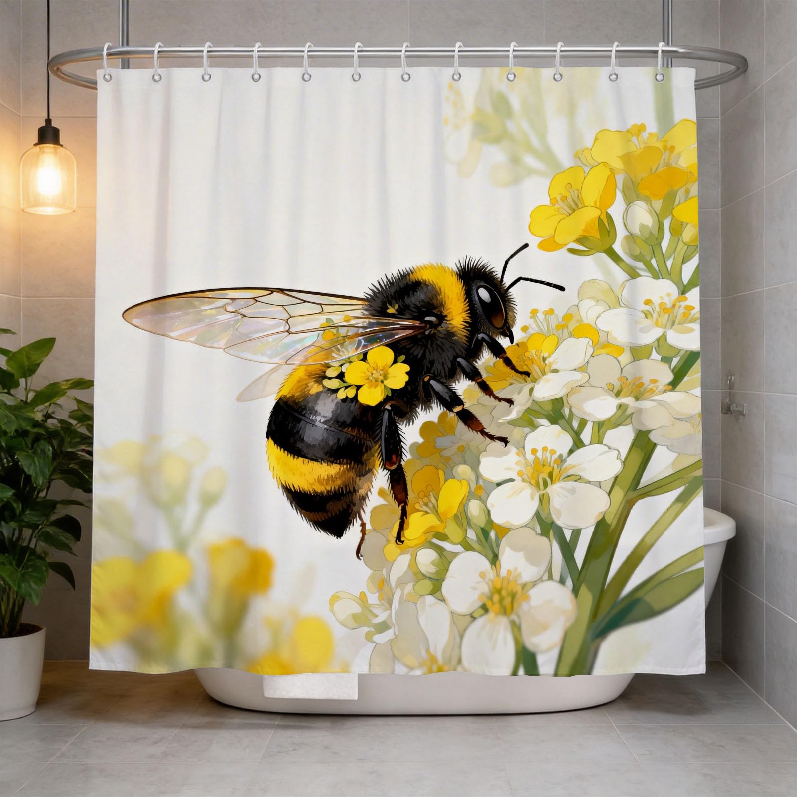 Hongduo 3D Cartoon Bee Shower Curtain for Stalls Bathtubs Cartoon Bathroom Decor Shower Curtain Set Polyester Fabric Waterproof 120x180cm/48X71 Inch with Hooks