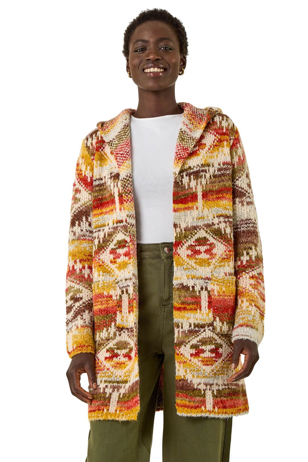 Roman Originals Women Cardigan - Ladies Longline Coatigan Tassel Open Front Cardi Winter Autumn Casual Textured Edge to Edge Yarn Patterned Comfy Work Going Out - Beige Multi - Size 20