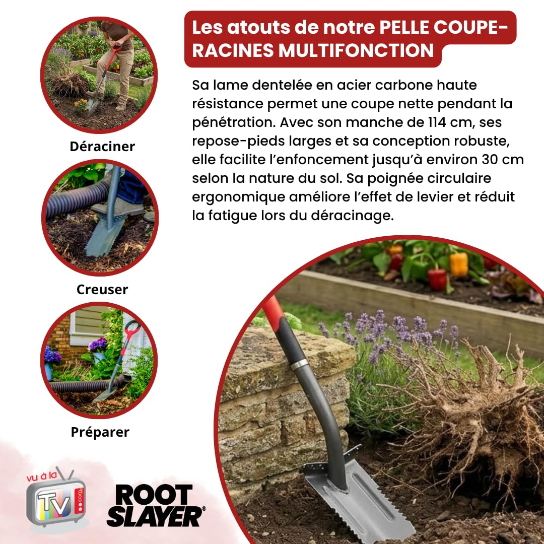 VENTEO - Bêche de Tranchée RootSlayer | Lame Dentée Acier Carbone Renforcé Haute Résistance | Coupe Racines sans Effort | Outil Jardinage Sol Dur | Tranchées Précises Drainage Irrigation Jardin