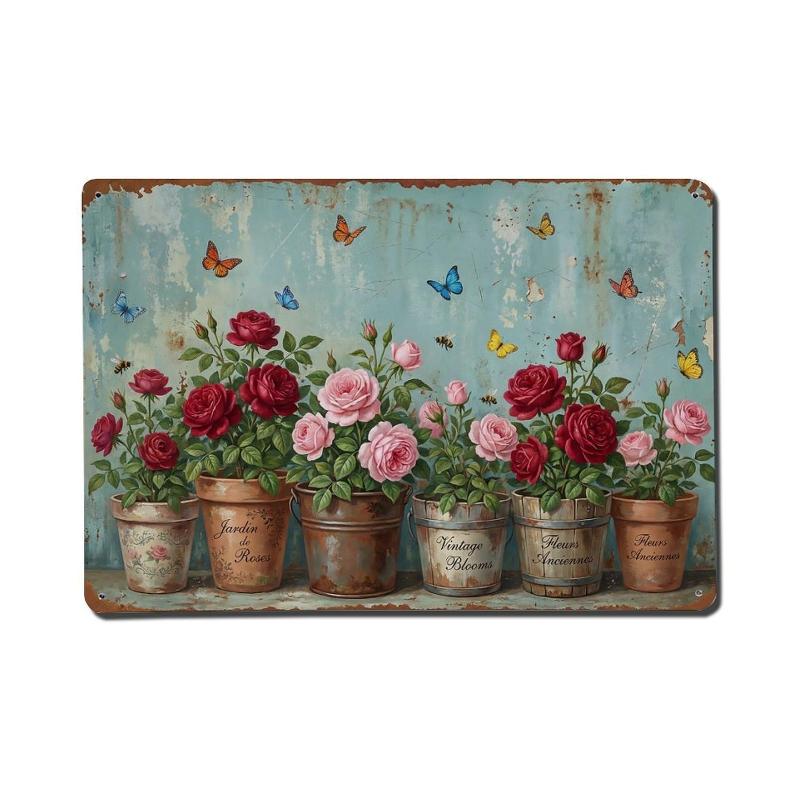 Vintage Rustic Flower Potted Plants Rose Metal Tin Sign