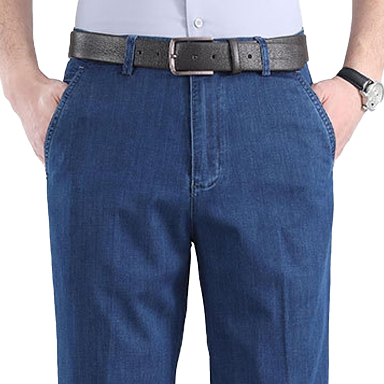 Men Loose Stretch Business Straight Jeans Regular Fit High Waist Denim Pants Classic Casual Work Commute Trousers