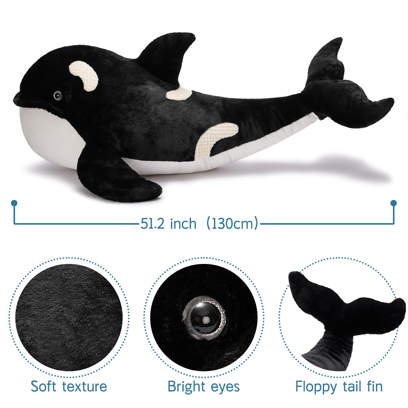 MorisMos 51Inch Orca Whale Plush Soft Orca Sea Animal Toys Realistic Killer Whale Stuffed Animal Plush Toy Gifts for Kids - Image 2