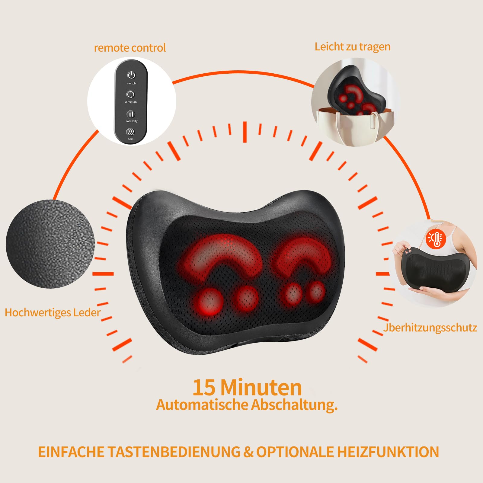 iKristin Massagekissen,Shiatsu Massagegerät für Nacken Schulter Rücken Rückenmassagegerät mit Vier Mehrere rotierenden Massageköpfen mit Wärmefunktion, für Büro Zuhause- Fernbedienung