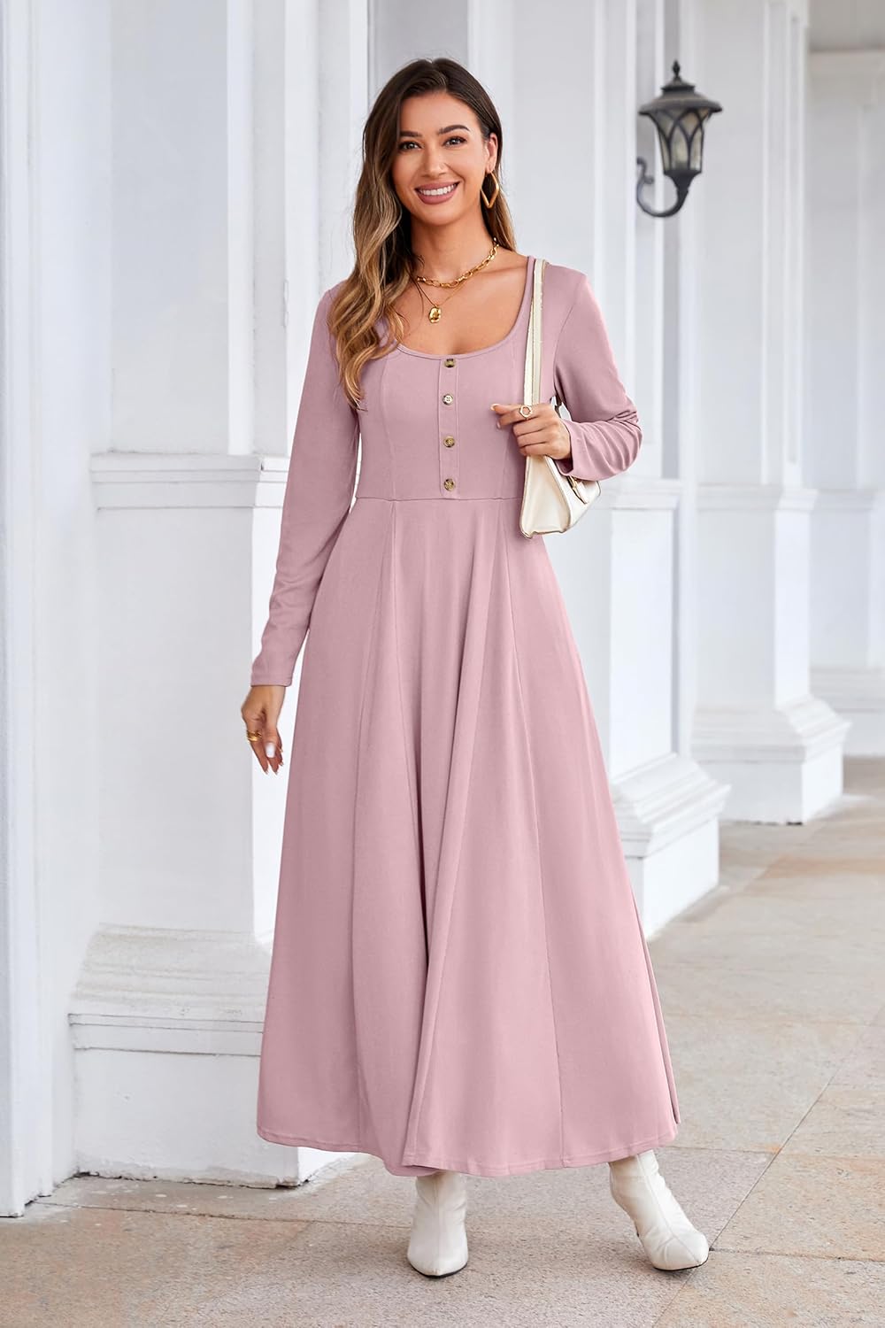 OUGES Women's Maxi Maternity Dress for Photoshoot Fall Long Sleeve Button Square Neck Baby Shower Pregnancy Dresses 2024 - Image 4