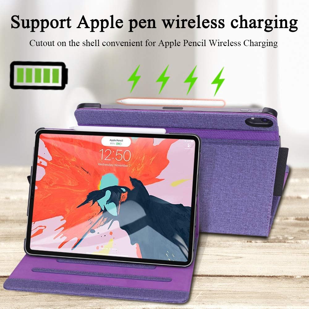 Skycase iPad Pro 12.9 Case 2018, iPad Pro 12.9 3rd Generation Case, [Support Apple Pencil Charging] Auto Dormancy Canvas Multi-Angle Viewing Stand Folio Case for Apple iPad Pro 12.9 inch 2018, Purple