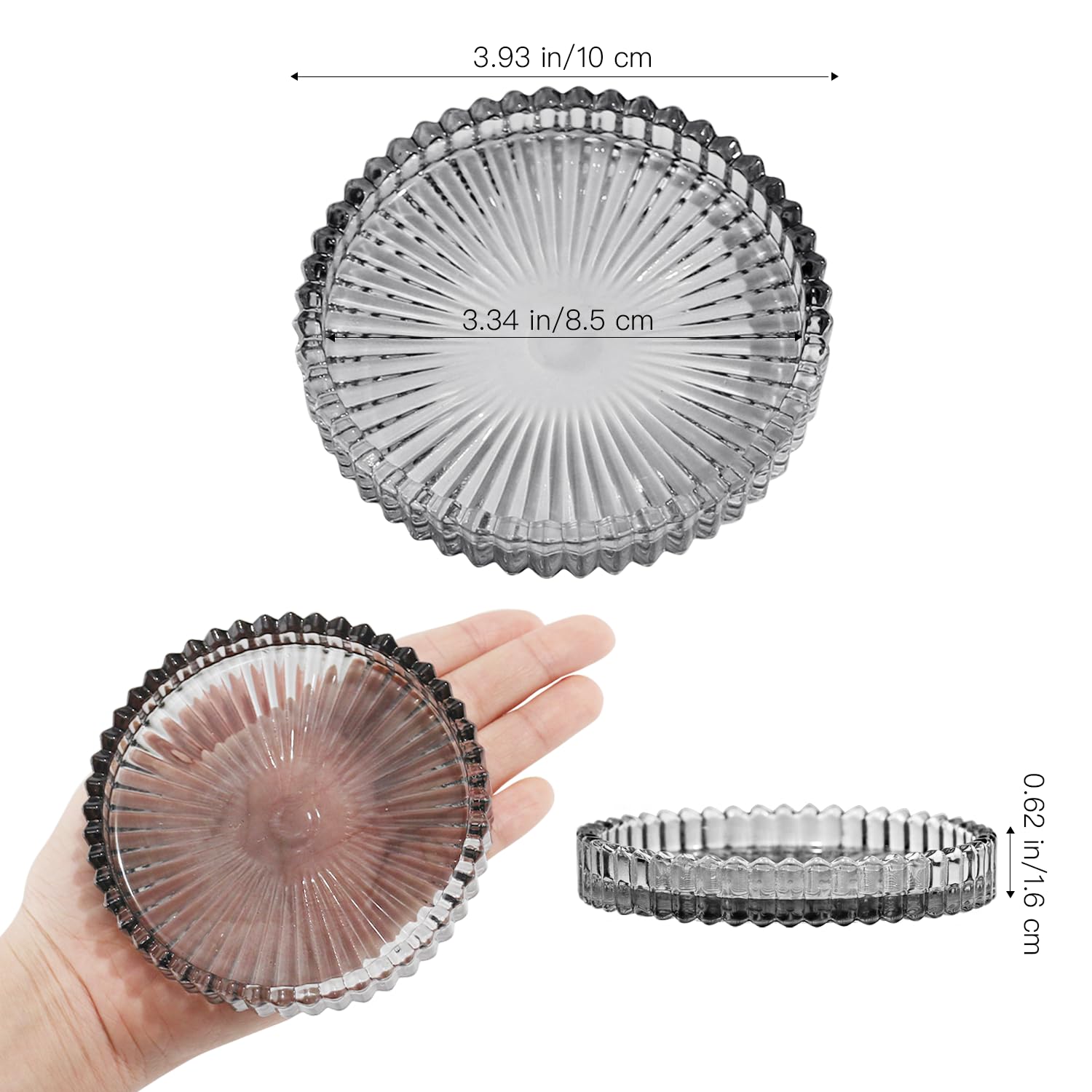 HofferRuffer Confezione da 3 piatti in vetro da 10 cm, portacandele rotondi per candele a pilastro, portacandele tealight, grigio