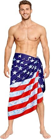LA LEELA Mens Patriotic 4th of July American Flag Summer Sarong Swim Trunk Long Pareo Beach Wrap