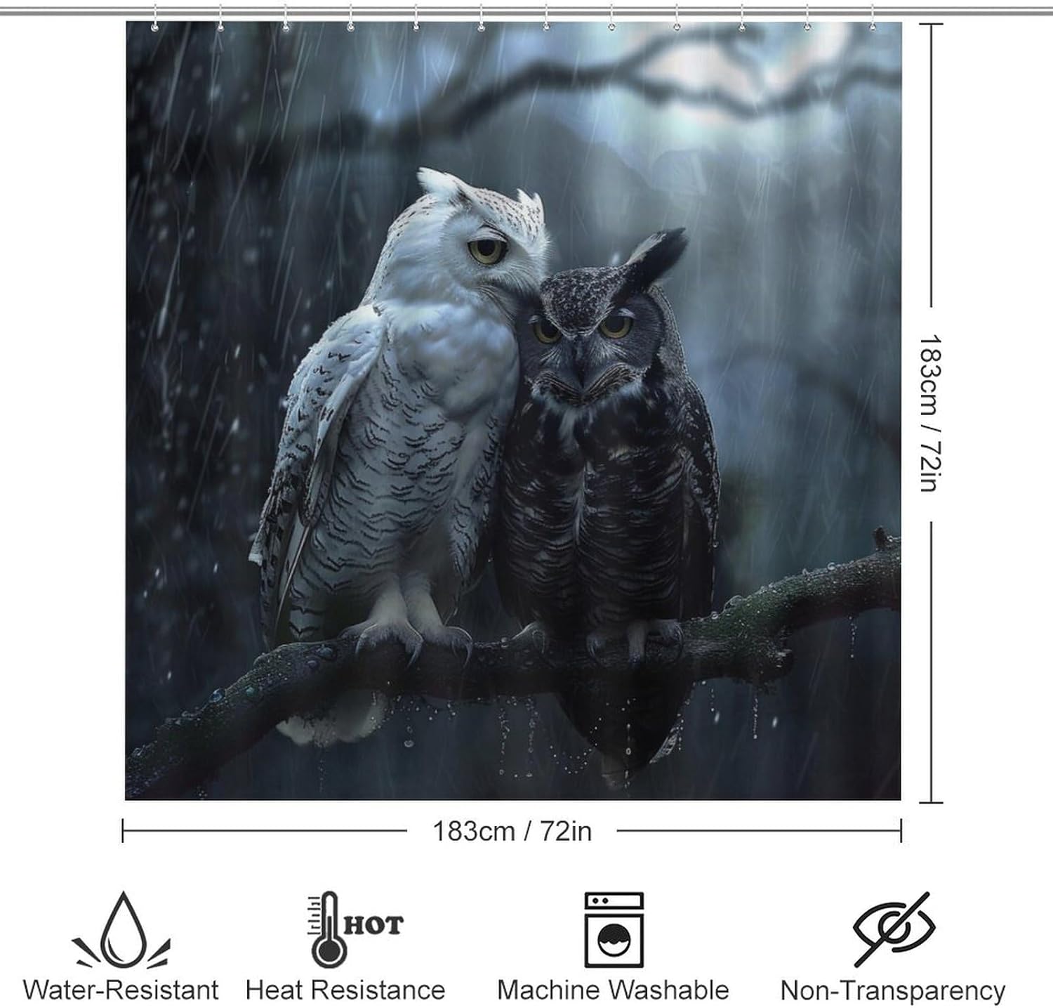 4Pcs Lovely Owl Moon Shower Curtain Set with Toilet Lid Cover Non-Slip Rugs for Bathroom, Black Night Branch Bird Shower Curtain Bathroom Sets with Hooks, 72x72 Inch