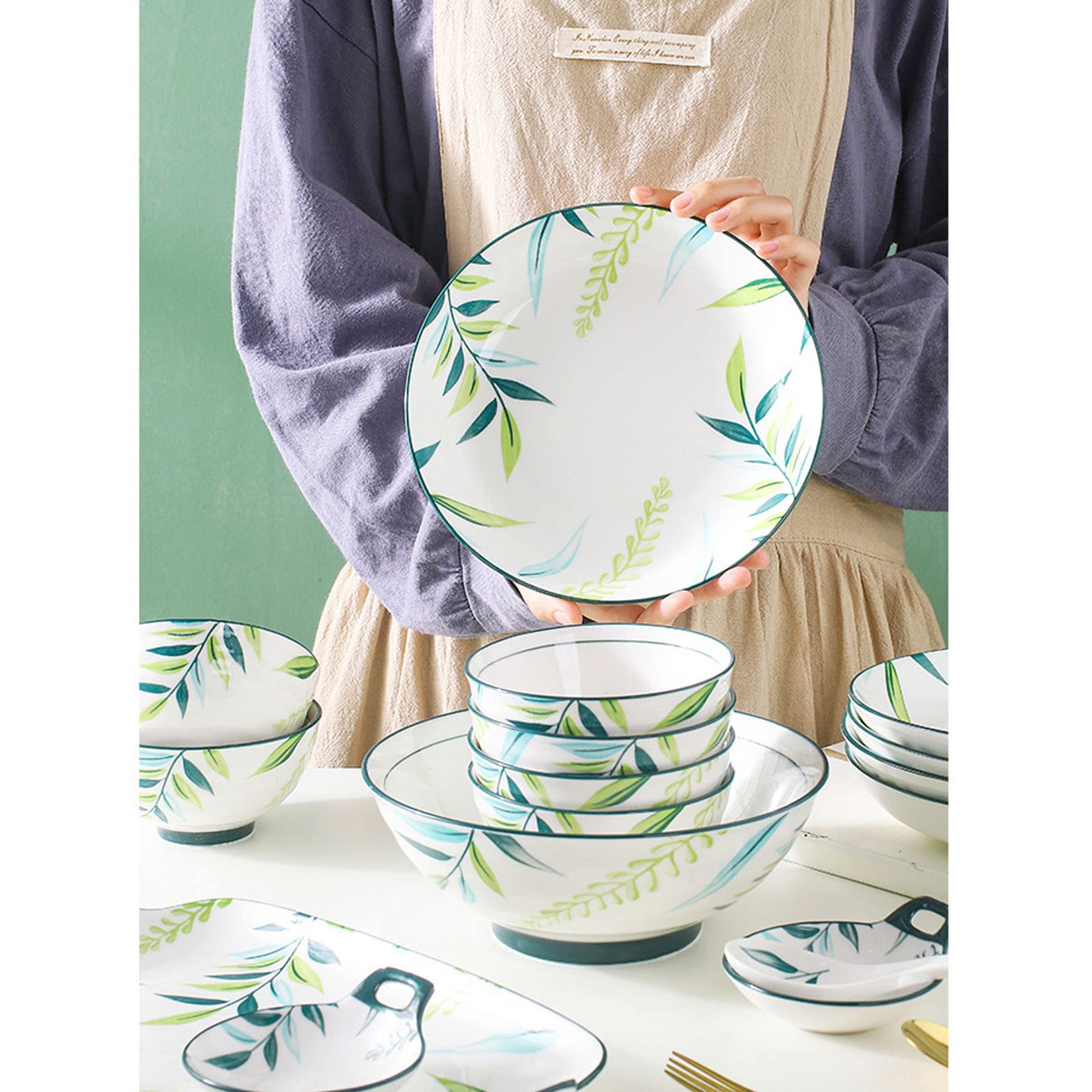Set di 6 Piatti Piani, Piatto Piano in Ceramica Foglia Dipinta A Mano, Stile Semplice E Fresco, Adatto per Feste, Sagre, Compleanni,Bianca,8in