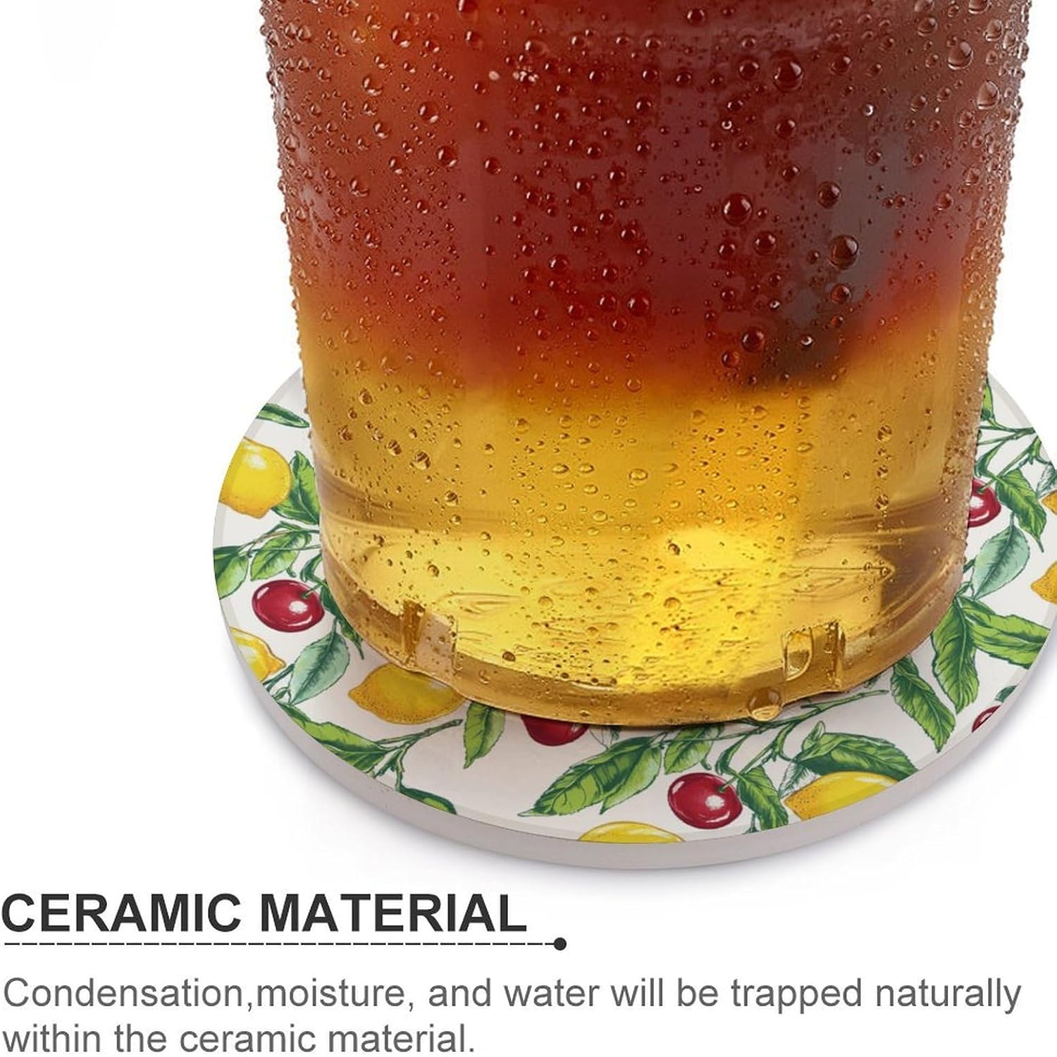 Cherry and Lemon Round Ceramic Coasters Print Drinks Absorbent with Cork Base for Home Decor Gifts 4 Inch