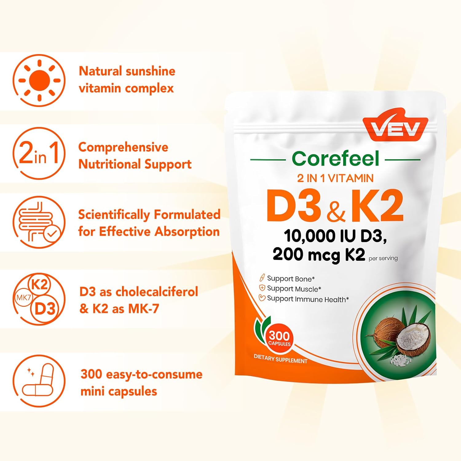 VEV Corefeel Vitamin D3 K2, 10,000 IU D3, 200mcg K2 (with MK7), Supports Bone and Teeth Health, Dual Nutrient Support for Daily Wellness, Easy to Swallow – 300 Capsules - Image 3