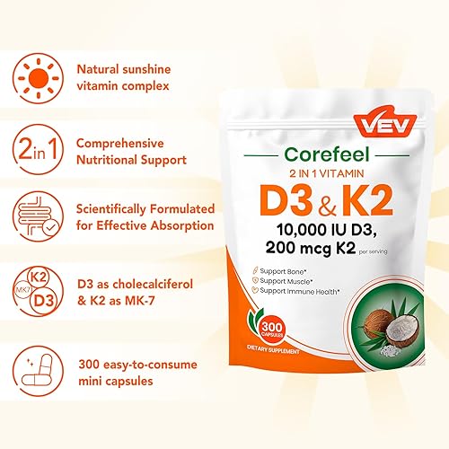 Vista 16 de VEV Corefeel Vitamina D3 K2 10,000 UI, 200 mcg MK-7, 300 cápsulas blandas de aceite de coco, suplemento de vitaminas 2 en 1 D y K (incluye MK7)