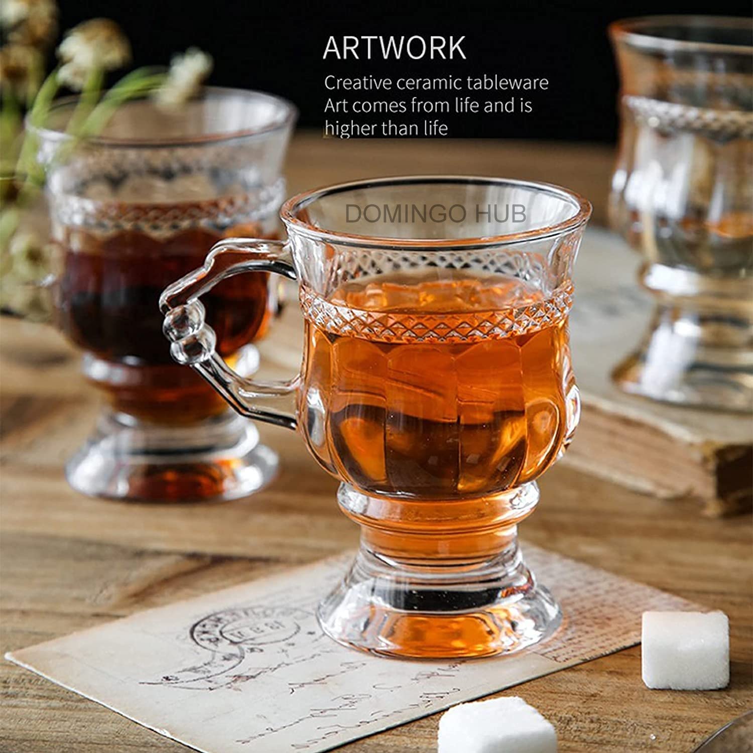 Domingo Yay?nevi Hub® Round Crystal Clear Glass Tea Cup 150 ML, Set of 2 Soup Mug with Convenient Solid Handle Cups, Espresso Mug Set for Cappuccino, Milk, Tea, Coffee, Hot-Cold Drinks 2