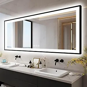 96x36 Large LED Bathroom Mirror with Lights - Black Aluminum(Front and Backlit),Anti-Fog Lighted Mirror for Wall,Stepless Dimmable Lighted Mirror,3 Colors Smart Mirror(Horizontal/Vertical)