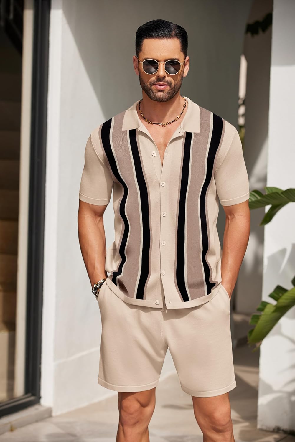 COOFANDY Men's 2 Piece Outfit Vintage Short Sleeve Button Down Knit Polo Shirts Casual Beach Shorts Sets - Image 3