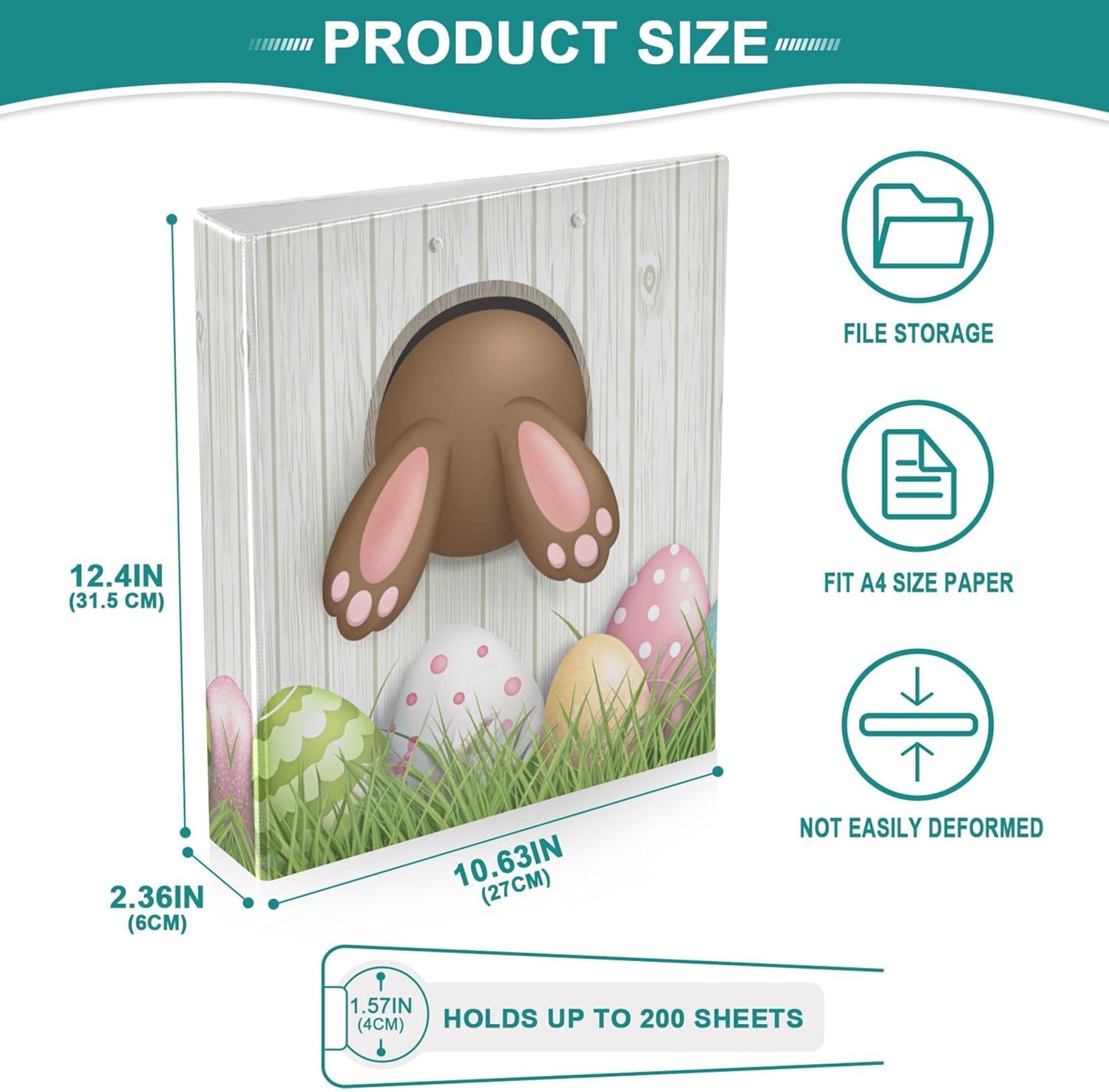 Happy Easter Bunny Eggs 3 Ring Binders, 1.5” Round Ring Binders with Clipboard - Letter Size, 3 Interior PVC Clear Pockets & Anti-Slip Clip for Office School Supplies, 2PCS